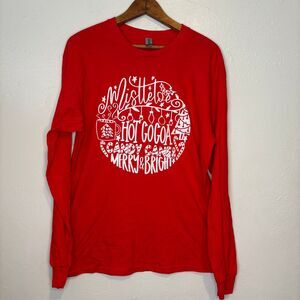 Red Long Sleeve T Shirt Christmas Mistletoe Cocoa Candy Canes Merry Bright Large